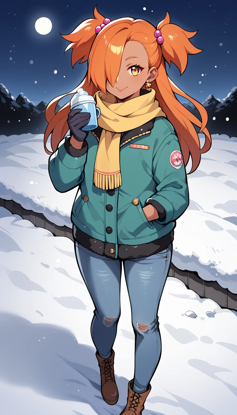 score_9, score_8_up, score_7_up, score_6_up, score_5_up, score_4_up, source_anime, rating_safe, BREAK chouchou akimichi,1girl,dark-skinned female,curvy,orange hair,hair over one eye,two side up,long hair,yellow eyes,hair bobbles,jewelry,earrings, ‏big breats,night,brown winter ear muffs,yellow scarf,green winter jacket,white winter shirt,black winter jeans,sunglasess,winter background,winter gloves