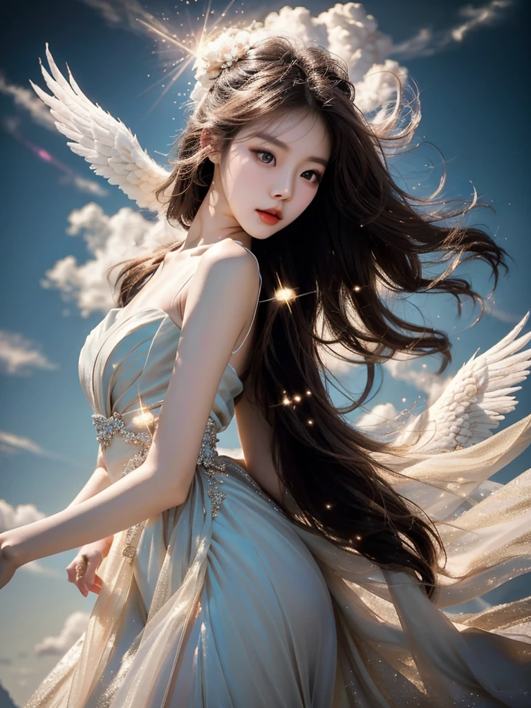 High quality photo,right lips and eye's, (not any mistakes)A beautiful young korean girl, angelic, descending from heaven, heaven cloudy background, elegant and graceful, wearing a glittering dress, excellent photo angles, slim and gorgeous figure, cinematic lighting, highly detailed, photorealistic, 8K, masterpiece, perfect face, sparking