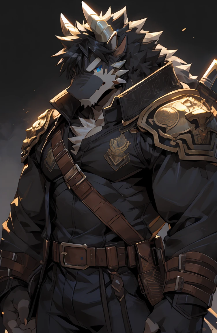 (by sollyz),dragon,white and black body,detail face, detail eyes, detail,male,(naked),pants,furry, short hair,(mercenary)
,blue eyes,black body,black hair,handsome,simple background,
strong,epic,