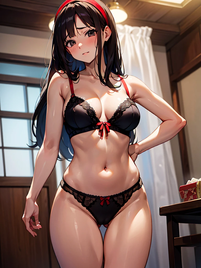 (Masterpiece, best quality, high res、highly detailed cg: 1), 'Are you sure your first time having sex is with your aunt?' Create a picture of a married woman who is shy and seems less than full of being seen as a woman. Her expression is a mixture of embarrassment and slight pleasure, and her body movements show a little awkwardness and a little pride. Make this a suitable place for the sex that is about to take place. ((lingerie set)), Red ribbon on head, hair band, 39 years old, nsfw, Rutting eyes