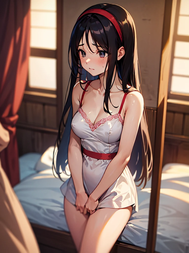 (Masterpiece, best quality, high res、highly detailed cg: 1), 'Are you sure your first time having sex is with your aunt?' Create a picture of a married woman who is shy and seems less than full of being seen as a woman. Her expression is a mixture of embarrassment and slight pleasure, and her body movements show a little awkwardness and a little pride. Make this a suitable place for the sex that is about to take place. ((lingerie set)), Red ribbon on head, hair band, 39 years old, nsfw, Rutting eyes