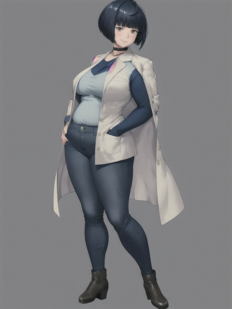 height 150cm, short woman, Bow legs, Beautiful face but chubby face, Chubby tae takemi, Hands on hips, ((Stand up straight)), ((Full body)), (low head 1.5), A little chubby body type and small breasts, masterpiece, tight denim pants, ((small breasts)), (((thick legs))), Full body+, Solo, Swollen face, 1 woman, White coat, navy blue Denim pants, thick thighs, low rise navy blue denim pants, solo, simple background, masterpiece, best quality, black hair, short hair, A chubby figure that seems real, smile, High saturation