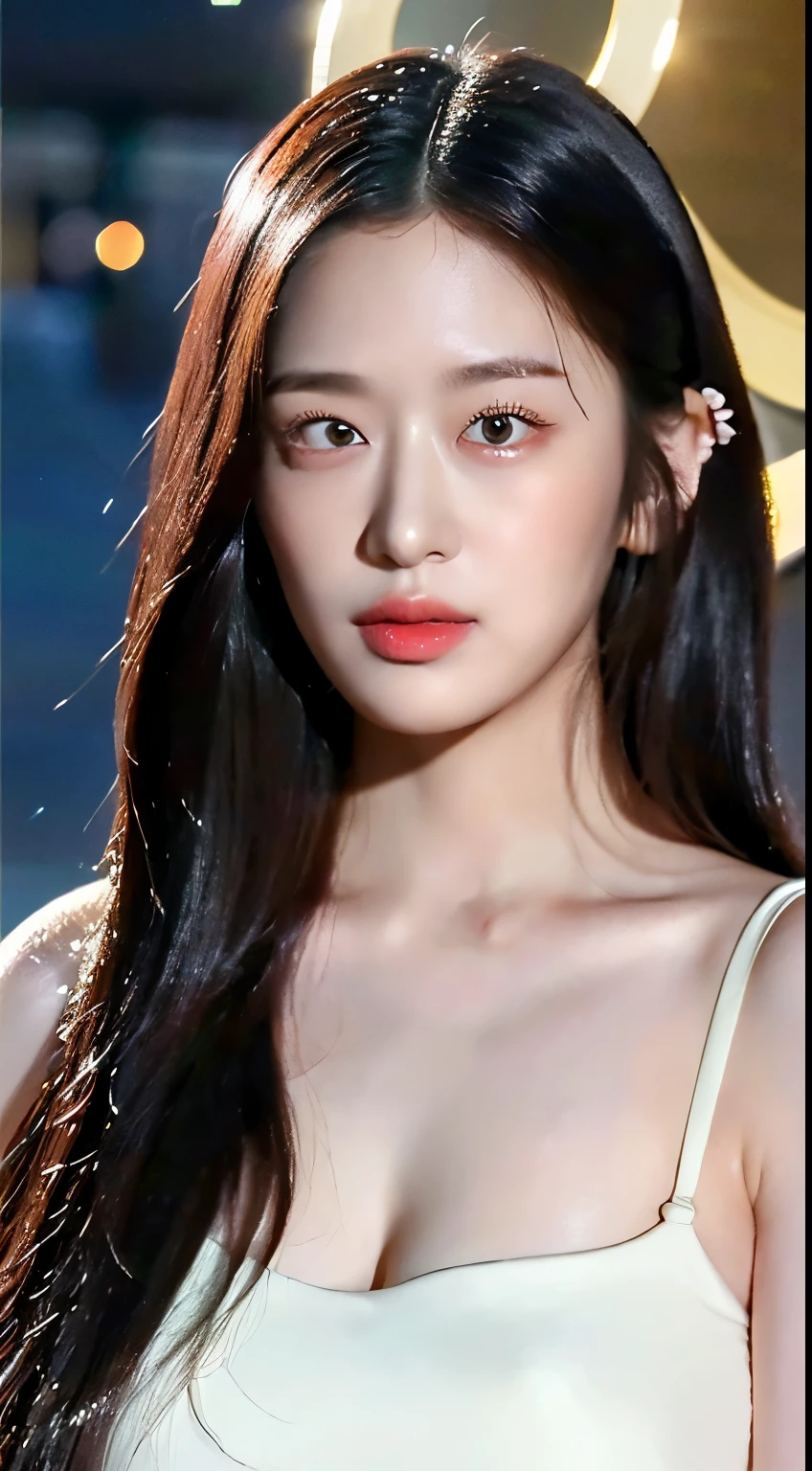 ((mid night、top-quality、8k、masterpiece:1.3)), full bodyesbian、neat figure、huge tit、Lustrous hairstyle、White dress、Oku Duplex、A detailed face、Too beautiful face