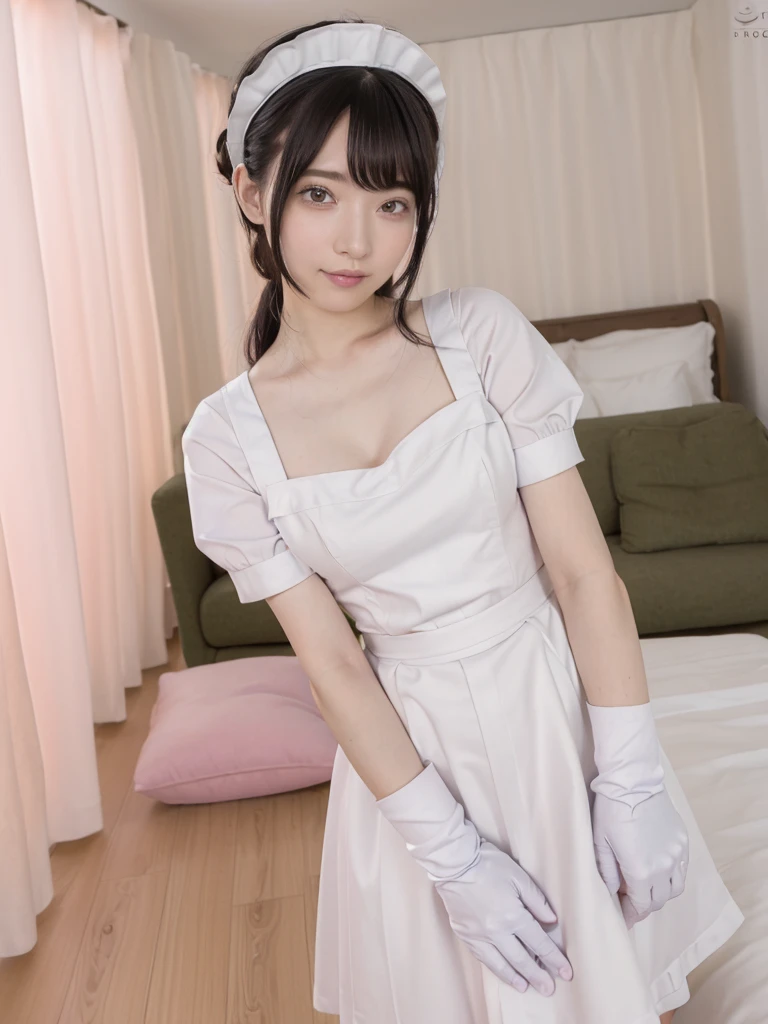 (Highest quality:1.9)、(High resolution)、Live-action image quality、((20-year-old woman、1 person))、Soft lighting by a professional photographer、Natural light、((Very spacious white luxurious room:1.6))、((Bright white room:1.6))、(Standing in front of a very luxurious white bed:1.2)、(White bookshelf background:1.1)、Natural soft light、((Black Hair Color:1.1))、Fair skin、Detailed Eyes、double eyelid、Slightly puffy cheeks、((Small Face:1.0))、(pastelpink maid_cosplay:1.5), (breasts, puffy short sleeves, puffy sleeves, short sleeves, maid headdress, chain, frills, cowboy shot, large breasts, pointy hair, gloves,gothic, gothic maid)、(Cute Smile)、((Girly pose 1.8))、((Curly Hair:1.1))、((Full Body Shot:1.2))、((Height: 165cm))、Hands in front、Hold hands between legs、