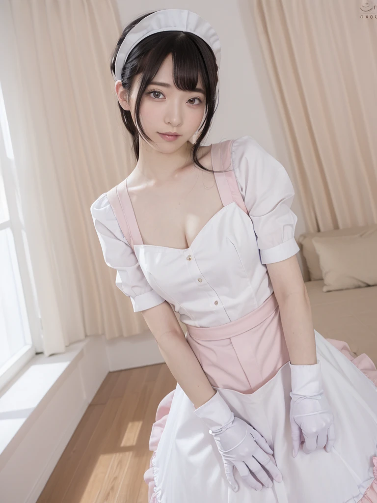 (Highest quality:1.9)、(High resolution)、Live-action image quality、((20-year-old woman、1 person))、Soft lighting by a professional photographer、Natural light、((Very spacious white luxurious room:1.6))、((Bright white room:1.6))、(Standing in front of a very luxurious white bed:1.2)、(White bookshelf background:1.1)、Natural soft light、((Black Hair Color:1.1))、Fair skin、Detailed Eyes、double eyelid、Slightly puffy cheeks、((Small Face:1.0))、(pastelpink maid_cosplay:1.5), (breasts, puffy short sleeves, puffy sleeves, short sleeves, maid headdress, chain, frills, cowboy shot, large breasts, pointy hair, gloves,gothic, gothic maid)、(Cute Smile)、((Girly pose 1.8))、((Curly Hair:1.1))、((Full Body Shot:1.2))、((Height: 165cm))、Hands in front、Hold hands between legs、