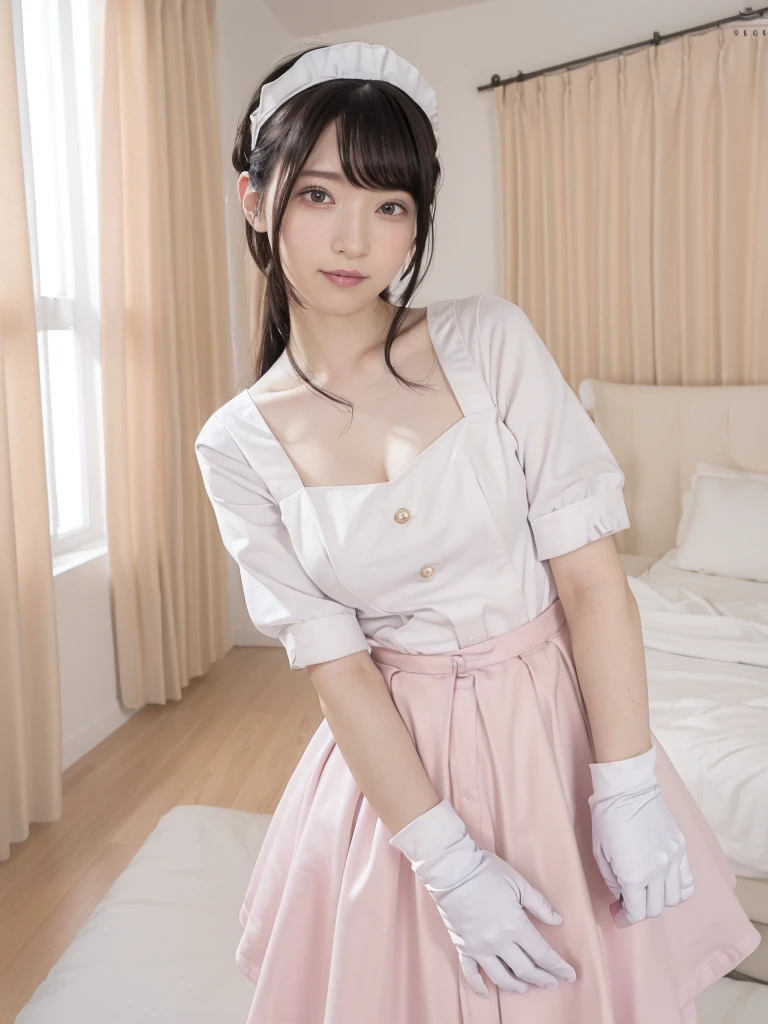 (Highest quality:1.9)、(High resolution)、Live-action image quality、((20-year-old woman、1 person))、Soft lighting by a professional photographer、Natural light、((Very spacious white luxurious room:1.6))、((Bright white room:1.6))、(Standing in front of a very luxurious white bed:1.2)、(White bookshelf background:1.1)、Natural soft light、((Black Hair Color:1.1))、Fair skin、Detailed Eyes、double eyelid、Slightly puffy cheeks、((Small Face:1.0))、(pastelpink maid_cosplay:1.5), (breasts, puffy short sleeves, puffy sleeves, short sleeves, maid headdress, chain, frills, cowboy shot, large breasts, pointy hair, gloves,gothic, gothic maid)、(Cute Smile)、((Girly pose 1.8))、((Curly Hair:1.1))、((Full Body Shot:1.2))、((Height: 165cm))、Hands in front、Hold hands between legs、