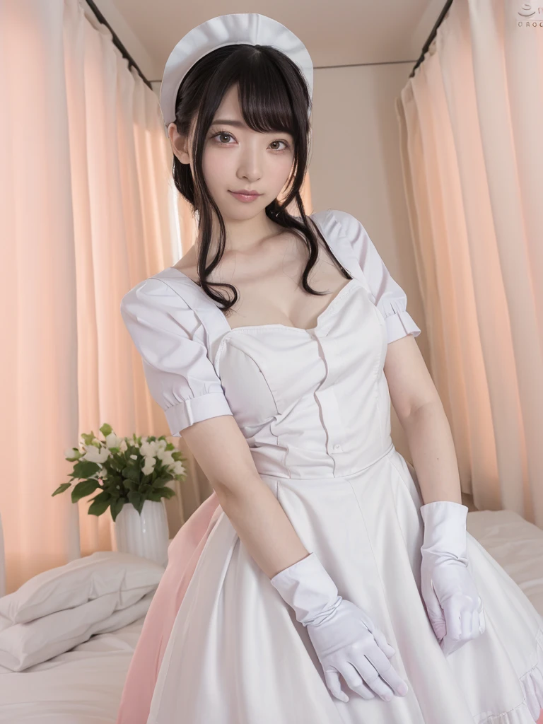 (Highest quality:1.9)、(High resolution)、Live-action image quality、((20-year-old woman、1 person))、Soft lighting by a professional photographer、Natural light、((Very spacious white luxurious room:1.6))、((Bright white room:1.6))、(Standing in front of a very luxurious white bed:1.2)、(White bookshelf background:1.1)、Natural soft light、((Black Hair Color:1.1))、Fair skin、Detailed Eyes、double eyelid、Slightly puffy cheeks、((Small Face:1.0))、(pastelpink maid_cosplay:1.5), (breasts, puffy short sleeves, puffy sleeves, short sleeves, maid headdress, chain, frills, cowboy shot, large breasts, pointy hair, gloves,gothic, gothic maid)、(Cute Smile)、((Girly pose 1.8))、((Curly Hair:1.1))、((Full Body Shot:1.2))、((Height: 165cm))、Hands in front、Hold hands between legs、