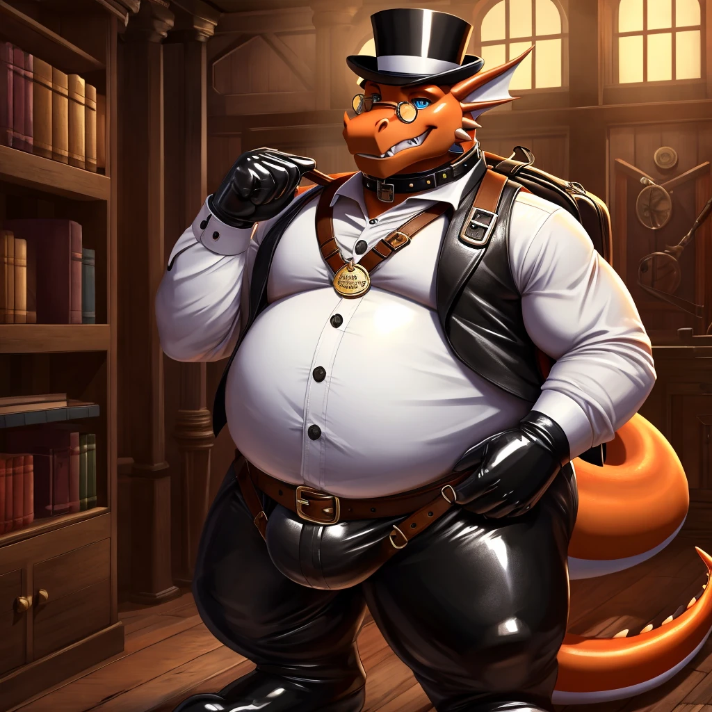 Solo, Male, fat, extremely obese, gentleman, dapper Professor Dragon, tugging his leather collar with his finger, blue eyes, (posing:1.3), (soft shading), 4k, hi res, ((detailed face, detailed)), looking at viewer, mouth wide open, steampunk, collared shirt with buttons, top hat, male focus, Explorer Outfit, glasses, monocle, bag, vest with buttons, backpack, sleeves rolled up, round eyewear, brown headwear, brown vest, Dragon is wearing a glossy leather dog collar around the neck, Dragon is wearing the leather collar and shirt and vest at the same time, Dragon is wearing glossy white rubber gloves on the hands, wearing white rubber gloves on the feet, gloves are rubber in texture, clenching teeth, leather collar is glossy and shiny with a lot of detail, Dragon is wearing gloves and leather collar at the same time, leather collar has a round dog-tag, leather collar is thick and detailed.