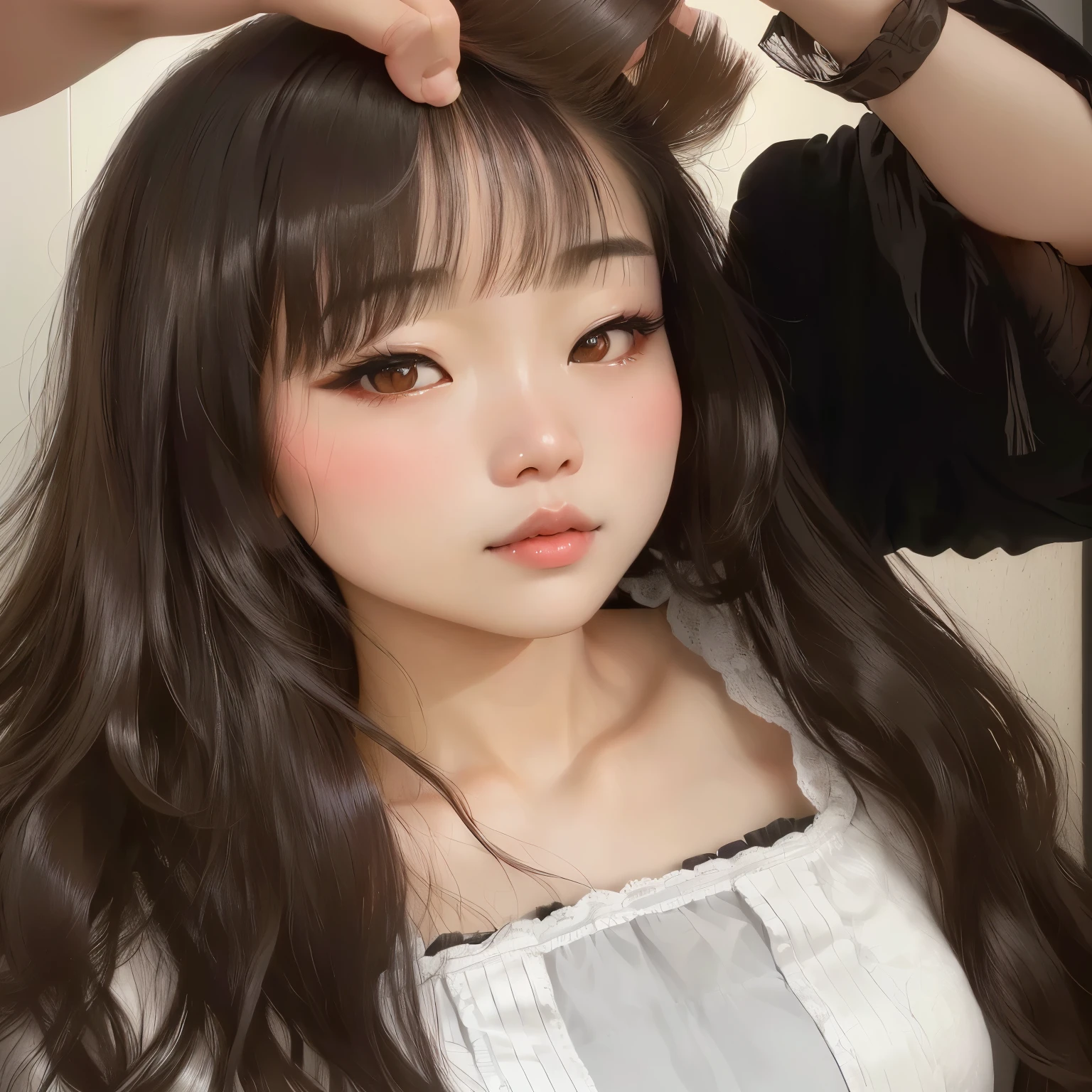 Araffed Asian woman combing her hair ,pale korean adorable face, Clean hair with bangs, Yoshitomo Nara, with a cute face - fine, 8k selfie photography, Chuu of Loona