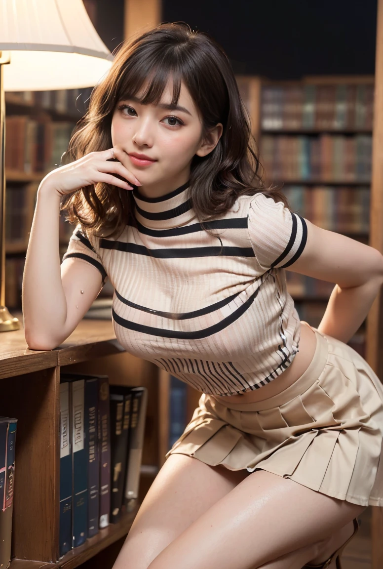 (((neat woman, perverted:1.9,hand on mouth,deep make up:1.8,touch own nipples over clothes:1.9,little pussy juice:1.9))),(((leaning forward,from below,kind smile:1.8,blush:1.8,deep cheek:1.8))),please touch me,eat me,tempting viewer,i want you))),(((blush,blush,deep cheek,deep cheek)))),(cinematic lighting), (Photo real:1.4)、(A hyper-realistic:1.4)、(Photorealistic:1.3)、 (gentle lighting: 1.05)、(Improve the lighting quality of your video:0.9)、 32k、25years old woman、photorealistic lighting、Back lighting、Facial Lights、Ray Trace、(bright:1.2)、(Increase quality:1.4)、 (best quality real texture skin)、Fair eyes,delicate face、 Close-up of the face,  ((((Wearing the tight black striped cotton t-shirts,high-neck,pleated beige skirt,high-heel:1.4))),(Bodyline mood improvement:1.1)、Glossy skin、good figure,perfect anatomy,Beautiful actress,(((beautiful huge soft breasts:1.8,huge breasts,slender waist,slender hip,long slender legs,8heads tall))),(((8heads tall))),(((brown wavy midium hair,bangs))),(((sweat skin,shiny skin,in the beautiful library,super clean night view,in the night))),