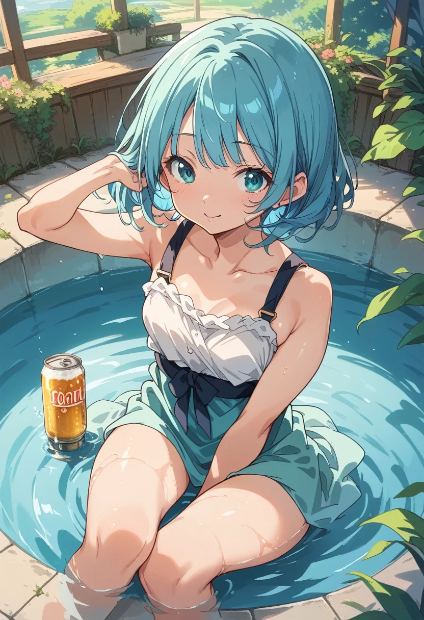 BREAK Perfect Anatomy、(High resolution:1.2)、Incredible illustrations、(Cute illustrations:1.2)、 （Beautiful background) 1 girl(Curly short cut, aqua hair)(Soak in the vinyl pool and drink canned beer in the garden)