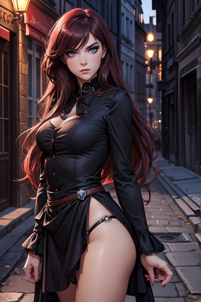 une fille, pointe un revolver vers moi, yeux rouge, inexpressive, belle, sexy, tenue noir moulante, la nuit, dans une ville