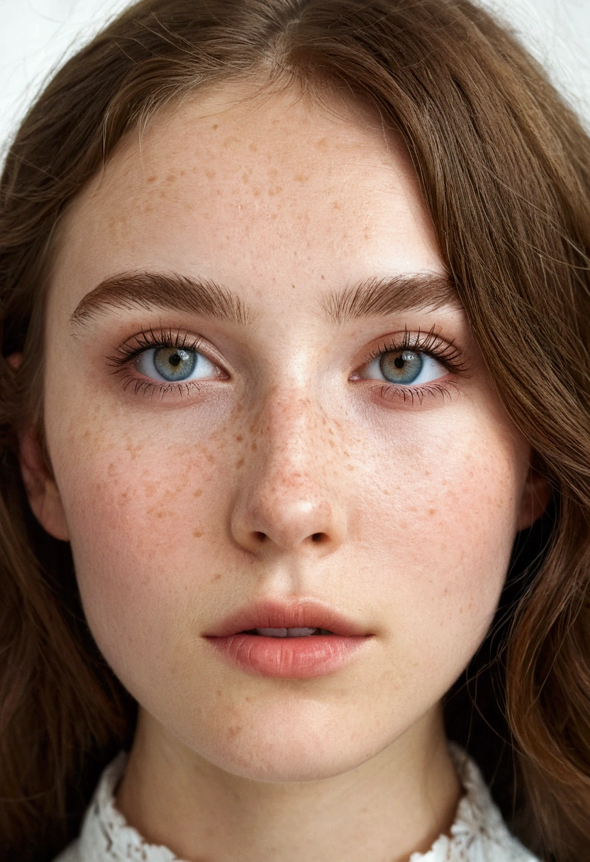 (Editorial photo in close-up D&#39;a 20 yo woman,model, brown-hair, slim russian sweetheart), (freckled:0.8), closed lips, yeux bleus verts, lancer, realistic[:, (grain de film, 25mm, F/1.2, DOF, bokeh, beautiful symmetrical face, des yeux pétillants parfaits, well-defined students, high contrast eyes, Ultra detailed skin,a little freckle, pores on skin, woolly hair, couture de tissu, texture de tissu, grain de bois, Texture de pierre, finely detailed features:1):0.9],tres realistic, a little makeup but very natural, no bangs , long messy hair, wears a white blouse