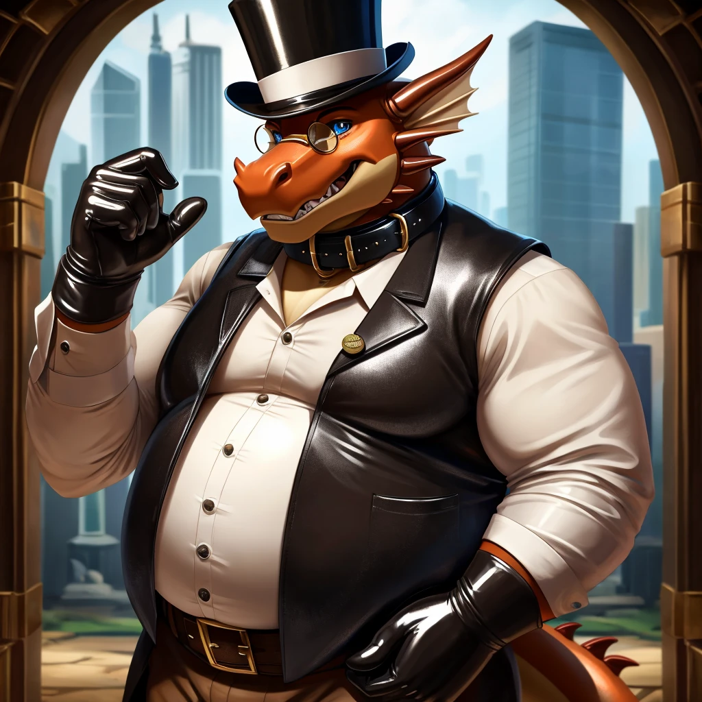 Solo, Male, fat, extremely obese, gentleman, dapper Professor Dragon, rubbing his hands together, blue eyes, (posing:1.3), (soft shading), 4k, hi res, ((detailed face, detailed)), looking at viewer, mouth wide open, steampunk, collared shirt with buttons, top hat, male focus, Explorer Outfit, glasses, monocle, bag, vest with buttons, backpack, sleeves rolled up, round eyewear, brown headwear, brown vest, Dragon is wearing a glossy leather dog collar around the neck, Dragon is wearing the leather collar and shirt and vest at the same time, Dragon is wearing glossy white rubber gloves on the hands, wearing white rubber gloves on the feet, gloves are rubber in texture, clenching teeth, leather collar is glossy and shiny with a lot of detail, Dragon is wearing gloves and leather collar at the same time, leather collar has a round dog-tag, leather collar is thick and detailed.