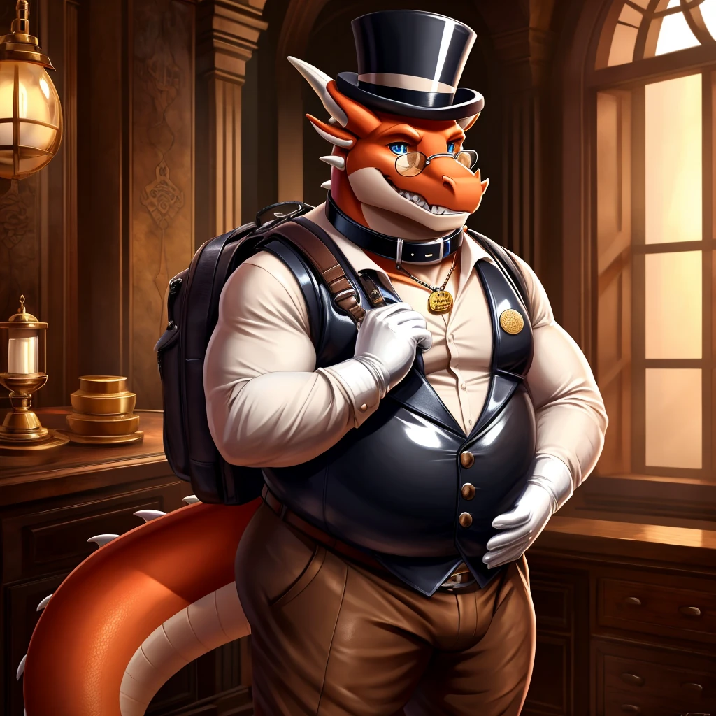 Solo, Male, fat, extremely obese, gentleman, dapper Professor Dragon, rubbing his hands together, blue eyes, (posing:1.3), (soft shading), 4k, hi res, ((detailed face, detailed)), looking at viewer, mouth wide open, steampunk, collared shirt with buttons, top hat, male focus, Explorer Outfit, glasses, monocle, bag, vest with buttons, backpack, sleeves rolled up, round eyewear, brown headwear, brown vest, Dragon is wearing a glossy leather dog collar around the neck, Dragon is wearing the leather collar and shirt and vest at the same time, Dragon is wearing glossy white rubber gloves on the hands, wearing white rubber gloves on the feet, gloves are rubber in texture, clenching teeth, leather collar is glossy and shiny with a lot of detail, Dragon is wearing gloves and leather collar at the same time, leather collar has a round dog-tag, leather collar is thick and detailed.