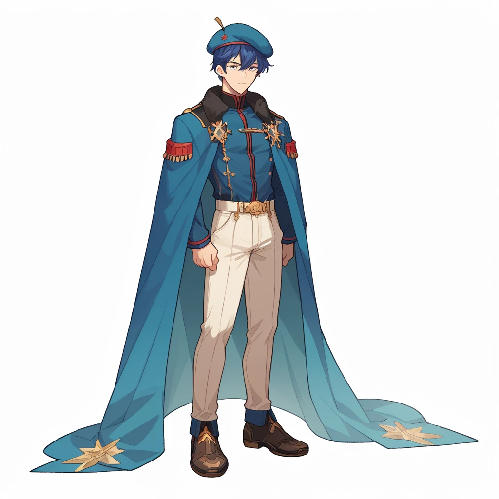 score_9, score_8_up, score_7_up, solo, male focus, blue hair, bangs, beret, mole under eye, male, man, full body, transparent background, UHD, masterpiece