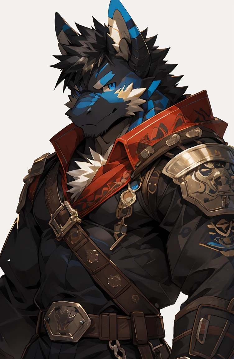 (by sollyz),dragon,white and black body,detail face, detail eyes, detail,male,(naked),pants,furry, short hair,(mercenary)
,blue eyes,black body,black hair,handsome,simple background,
strong,epic,