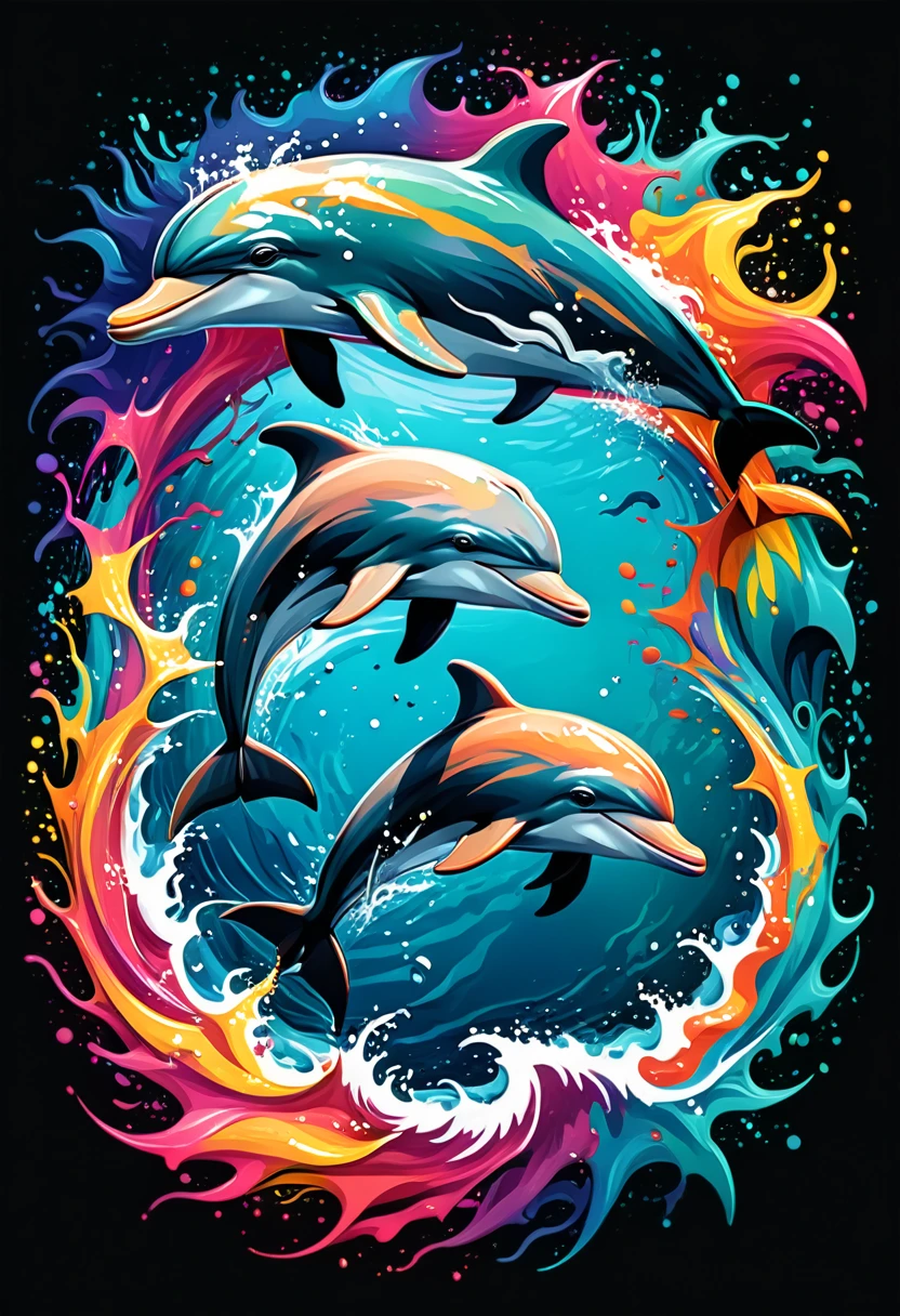 A t-shirt with a colorful illustration of dolphins in the middle of the sea, At the center, swirly vibrant colors, paint splashes and smears, bold outline, jagged edges, trashcore, light shading --v 5.2 ultra details, 32K Quality,Remove background image (work of art, best qualityer, proffesional, perfect composition, very aesthetic, absurdrez, super verbose, details Intricate:1.3)
