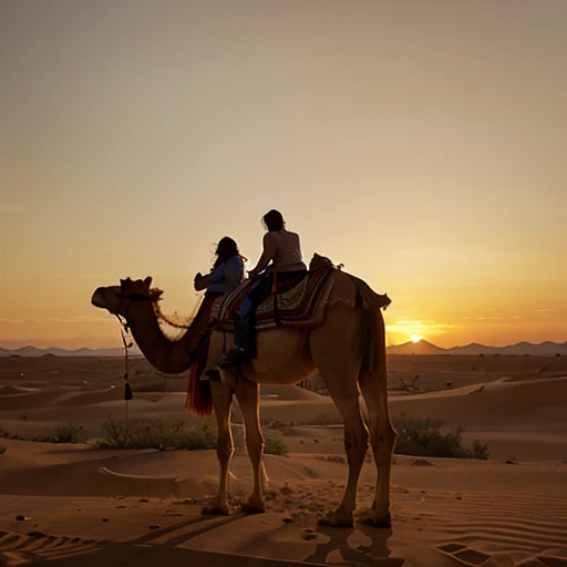 Generate a camel with two humps in the desert with the setting sun