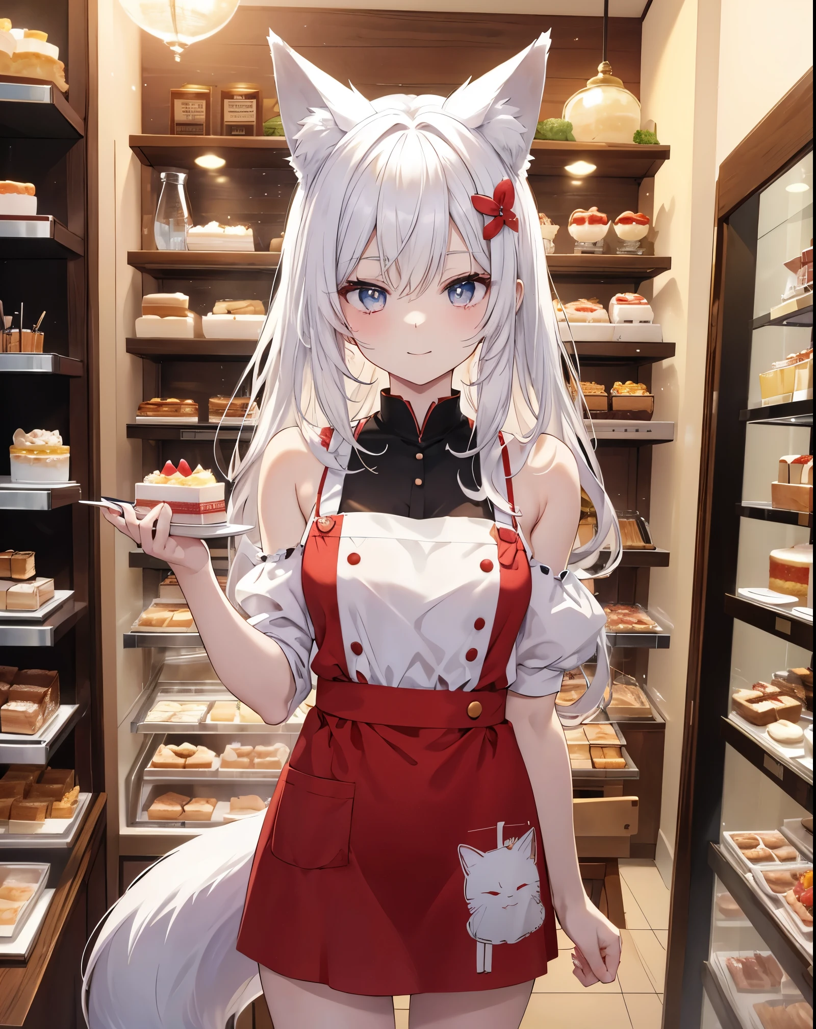 Masterpiece ultra defined, A stunning anime girl with small cat ears and white fox tail, white long hair, He wears a red apron, bare shoulders and bare legs, she is preparing a cake, she is smiling at me while she is working. She is gorgeous, cute face and perfect eyes with The well-defined pupil and manga reflexes in the eyes. The location is a pastry shop, There is a display case with other very colorful cakes on display. 