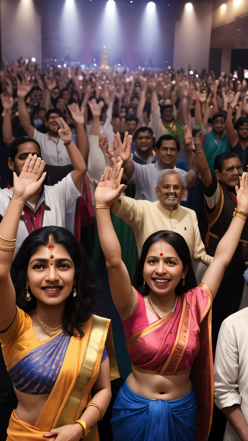 ((best quality)), ((masterpiece)), (detailed), A diverse group of Indian people with different skin tones and ages, all smiling and raising their arms in the air displaying satisfaction