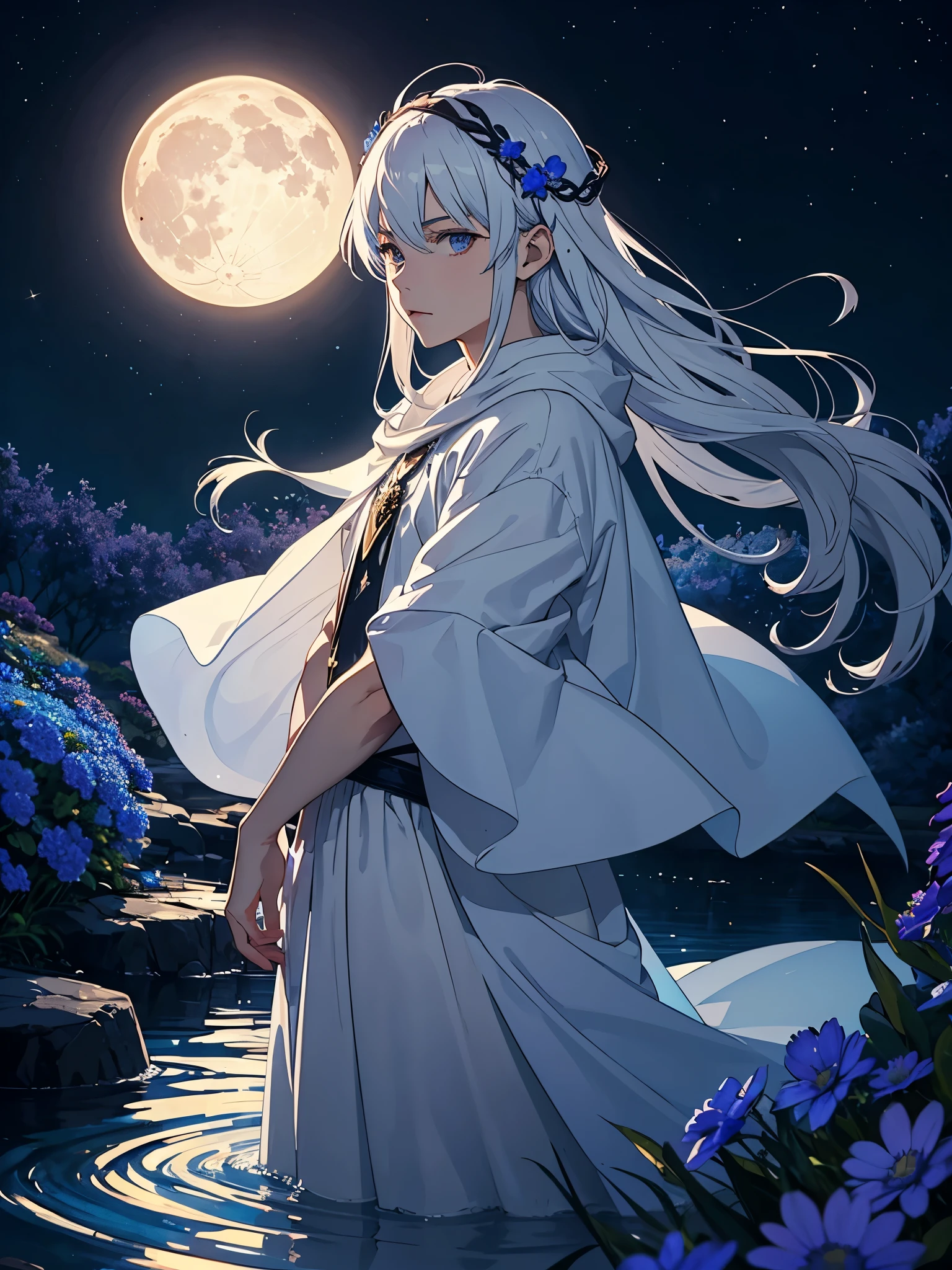 Mehr anime. Male. Blue flowers. Long hair. long white hair. aquatic, boy, God of the Moon, silver hair accessories, White hair, White dress, cape, at night.