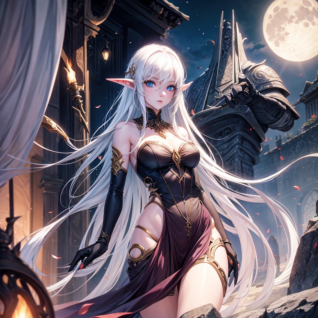 Female moon elf, with albino hair and assassin's outfit