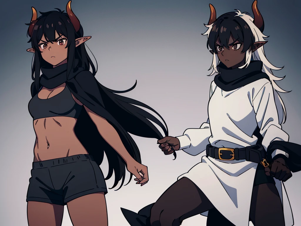 (1girl ,25s,adult,mature female,solo),long hair, black hair,horns,elf ears,((black scarf)),cleavage,(((dark skin))),(black sports bra,black sports shorts, midriff),(white background, simple background),long sleeves,angry,pov,((looking at view,from front))