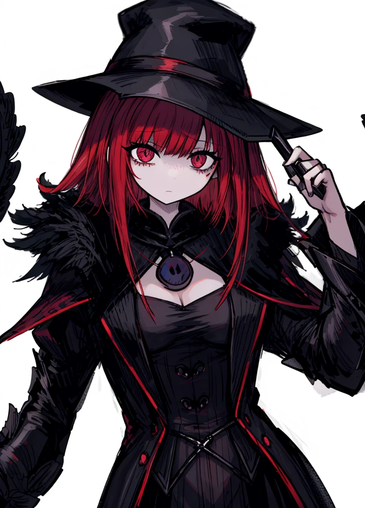 1girl, ruby hair, ruby eyes, plague doctor, necromancer, nice clothes, (high resolution, high detail, best quality) , medium breasts, calm, magic wand