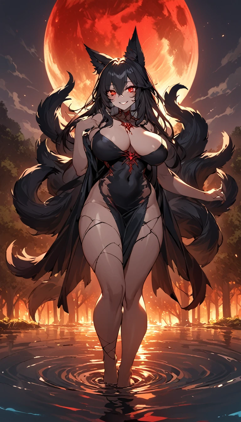 Beautiful black Kitsune, red eyes, highly detailed face, highly detailed eyes, big breasts, sexy figure, mature woman, several black kitsune tails, soft long Black Kitsune ears, You rule a lake, with a towel, a huge redblood moon in the sky reflecting in the water, The forest would be burning full of charred corpses,With a terrifying look smiling, the eyes would glow red