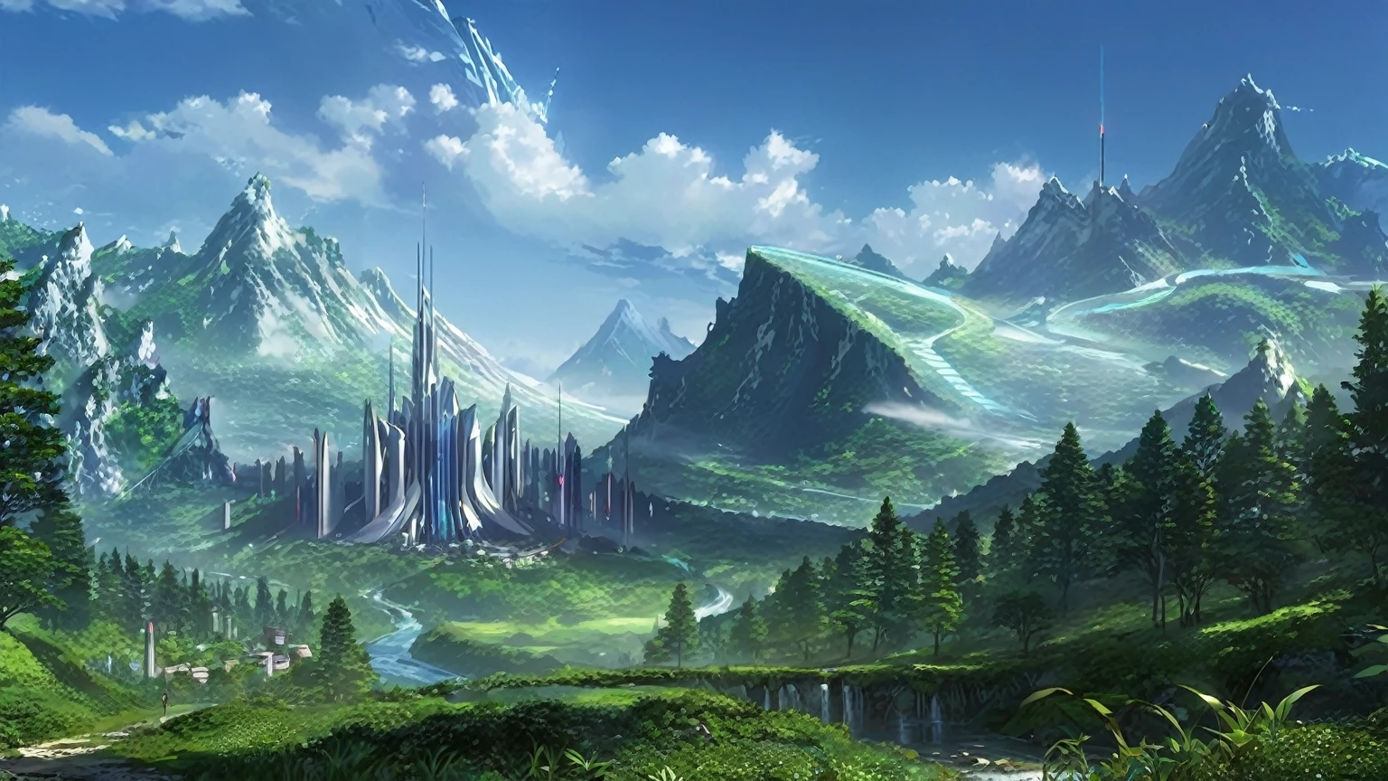 mountains, futuristic fantasy city, and a stream in a valley with a forest in the foreground, masterpiece, best quality, Fantasy aesthetics, Highly detailed, beautiful landscape