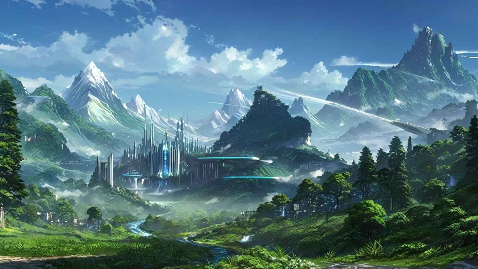 mountains, futuristic fantasy city, and a stream in a valley with a forest in the foreground, masterpiece, best quality, Fantasy aesthetics, Highly detailed, beautiful landscape