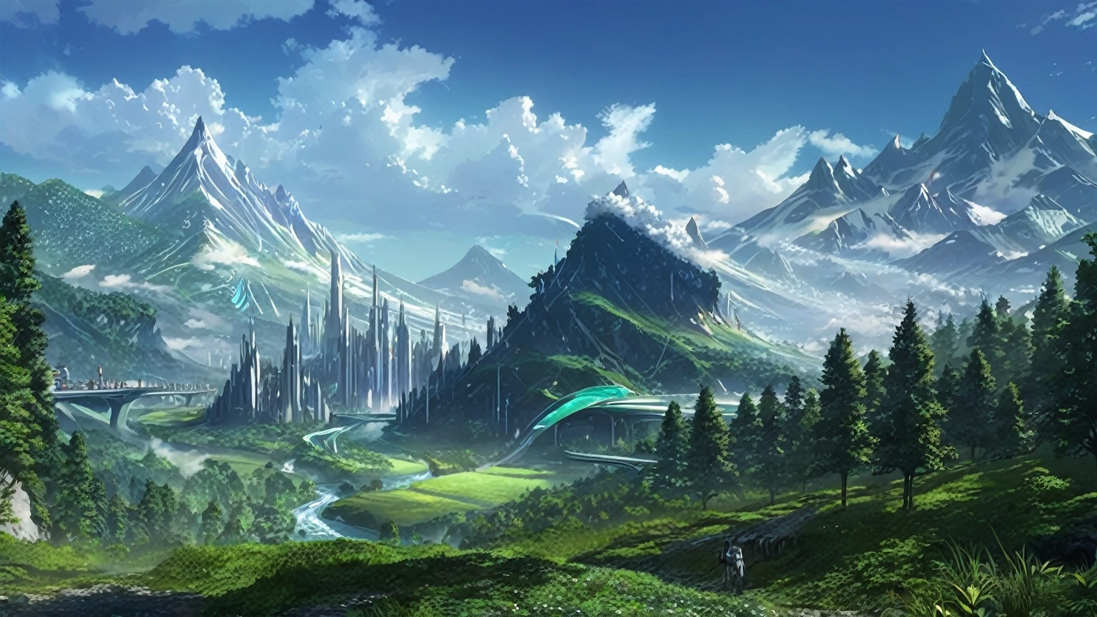 mountains, futuristic fantasy city, and a stream in a valley with a forest in the foreground, masterpiece, best quality, Fantasy aesthetics, Highly detailed, beautiful landscape