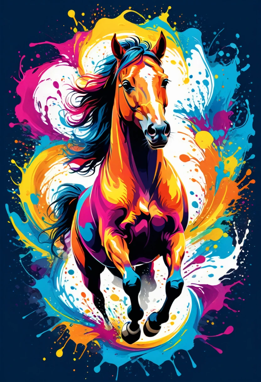 A t-shirt with vector art of a colorful illustration of a horse jumping in the center, swirly vibrant colors, paint splashes and smears, high détail,Hawaii Background
