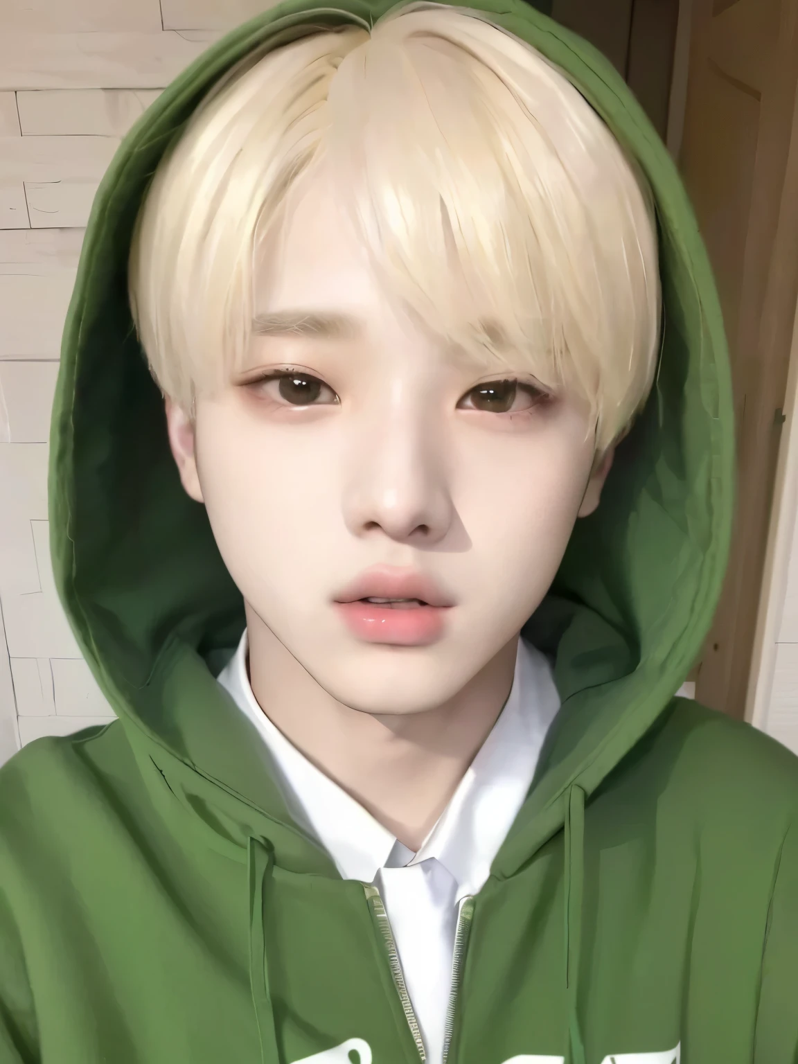 arafed boy with blonde hair wearing a green hoodie, wan adorable korean face, jungkook, inspired by Kun Can, accurate jimin face, jinyoung shin, jimin\'s plump lips, inspired by Bian Shoumin, kawaii realistic portrait, jimin, cai xukun, inspired by jeonseok lee, kim doyoung, jinyoung shin aesthetic, taejune kim, ten lee