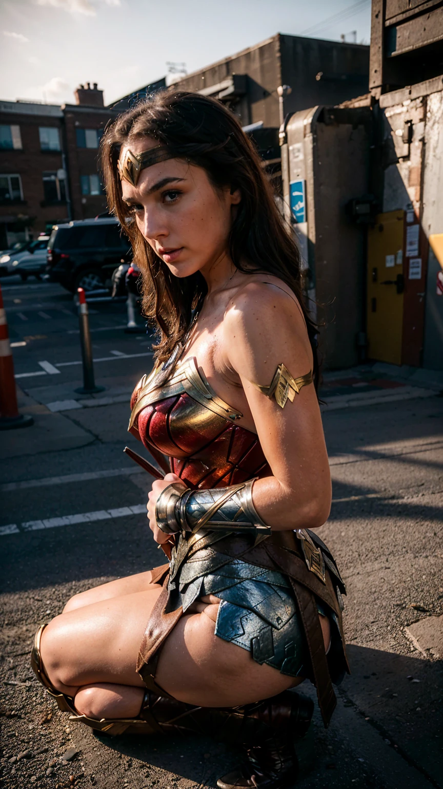 ((masterpiece), (solo character), (photorealistic:1.4), ),(best quality), (epiCRealLife), (g4lg), (g4lg large breasts), (g4lg show cleavages), (Gal Godot in wonder woman costume), (lora:epiCFlashPhoto),(flashphoto), (flash photography) (look at viewers), (sunset), (photoshoot), (wonder woman theme),, (g4lg in different kneeling poses), (different angle camera shots)