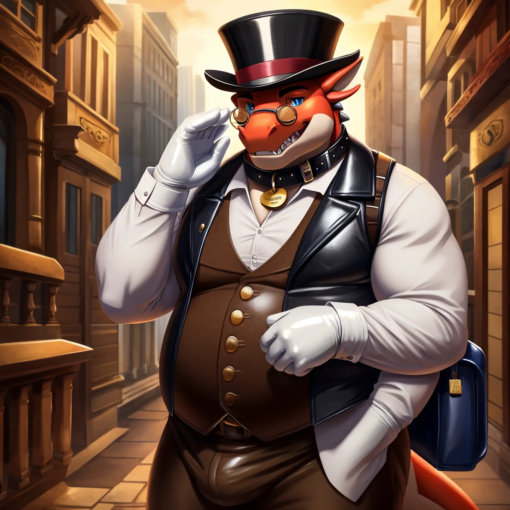 Solo, Male, fat, extremely obese, gentleman, dapper Professor Dragon, rubbing his hands together, blue eyes, (soft shading), 4k, hi res, ((detailed face, detailed)), looking at viewer, mouth wide open, steampunk, collared shirt with buttons, top hat, male focus, Explorer Outfit, glasses, monocle, bag, vest with buttons, backpack, sleeves rolled up, round eyewear, brown headwear, brown vest, Dragon is wearing a glossy leather dog collar around the neck, Dragon is wearing the leather collar and shirt and vest at the same time, Dragon is wearing glossy white rubber gloves on the hands, wearing white rubber gloves on the feet, gloves are rubber in texture, clenching teeth, leather collar is glossy and shiny with a lot of detail, Dragon is wearing gloves and leather collar at the same time, leather collar has a round dog-tag, leather collar is thick and detailed.