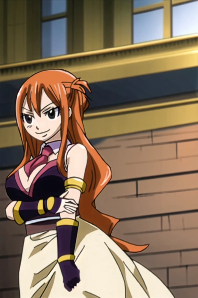 One girl, fairy tail, anime art style, 1girl, solo, smile, very long_hair, gloves, closed_eyes, orange_hair