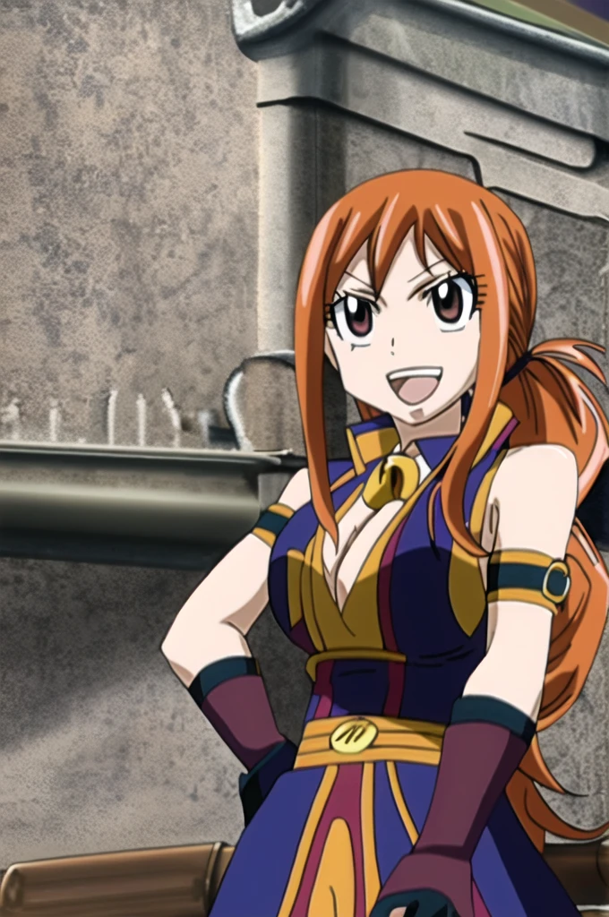 One girl, fairy tail, anime art style, 1girl, solo, smile, very long_hair, gloves, closed_eyes, orange_hair