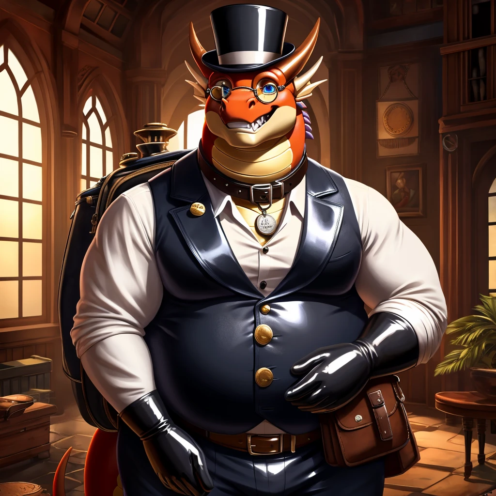 Solo, Male, fat, extremely obese, gentleman, dapper Professor Dragon with a neck bulge, blue eyes, (soft shading), 4k, hi res, ((detailed face, detailed)), looking at viewer, mouth wide open, steampunk, collared shirt with buttons, top hat, male focus, Explorer Outfit, glasses, monocle, bag, vest with buttons, backpack, sleeves rolled up, round eyewear, brown headwear, brown vest, Dragon is wearing a glossy leather dog collar around the neck, Dragon is wearing the leather collar and shirt and vest at the same time, Dragon is wearing glossy white rubber gloves on the hands, wearing white rubber gloves on the feet, gloves are rubber in texture, clenching teeth, leather collar is glossy and shiny with a lot of detail, Dragon is wearing gloves and leather collar at the same time, leather collar has a round dog-tag, leather collar is thick and detailed.