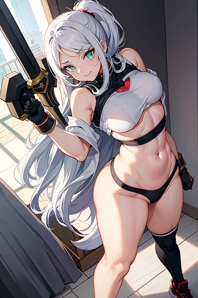 Shonen art style, Mirko from my hero academia, fit body, busty, sexy, empowering, fierce, white hair, one girl, shoulder length hair and ponytail, black tight sexy outfit, inside bedroom, thick thighs, evil smile, holding a sword, wearing a heart symbol in her chest, powering up, green eyes.