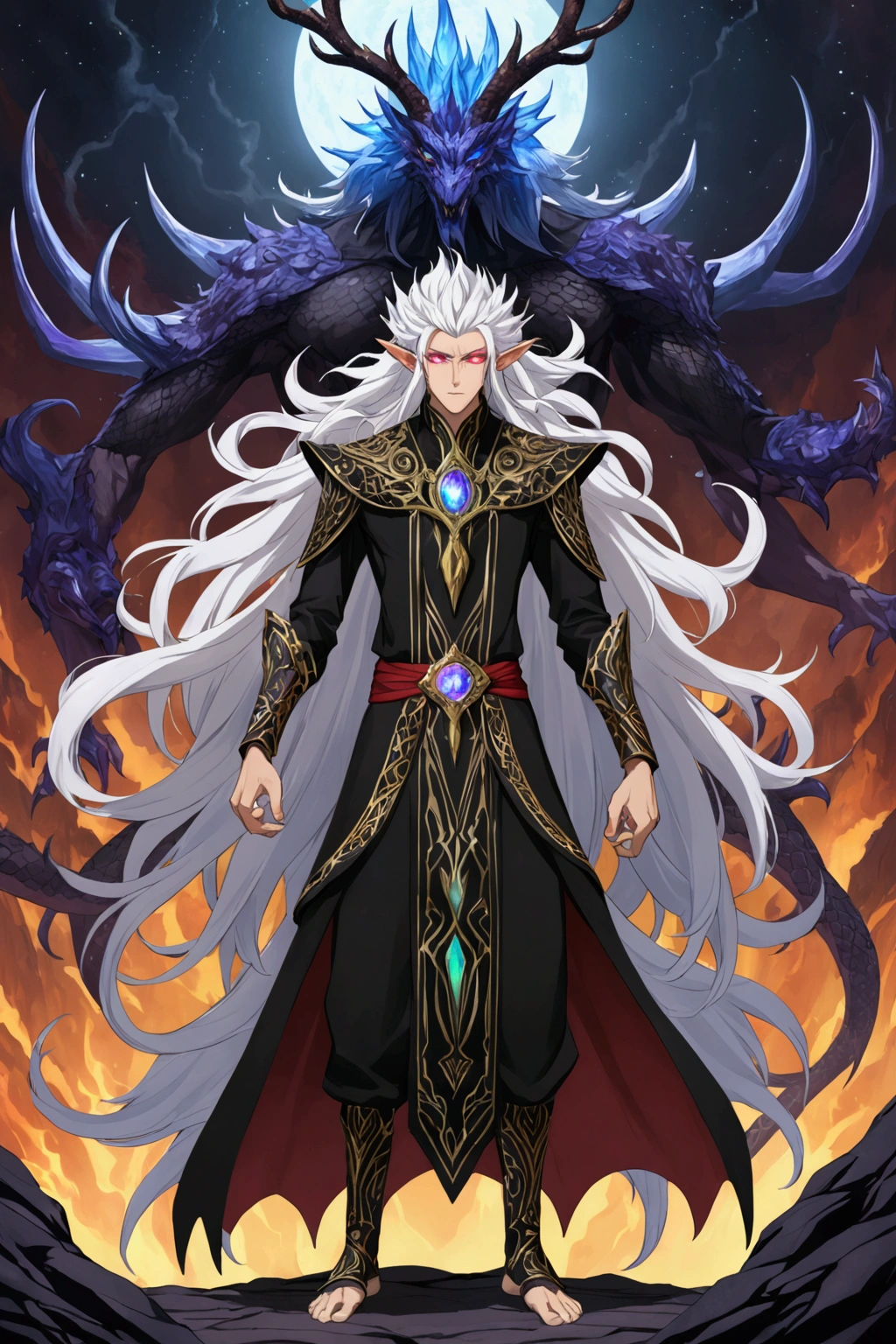 Solo, male , Character fusion: Nibelung fused with nidhoggr, odin and sun wukong, tall tanned man with wild unruly white hair, bangs on face, bangs, ((iridescent irises)), black sclera on eyes, long voluminous hair, spiky hair, pointy ears, fit , clawed fingers, dragon tail, open haori, turtleneck tanktop, dark crystal antlers, exhausted expression, khaenr'ah abyss, draconic person, s9vereign of the abyss, calamity incarnate, full body