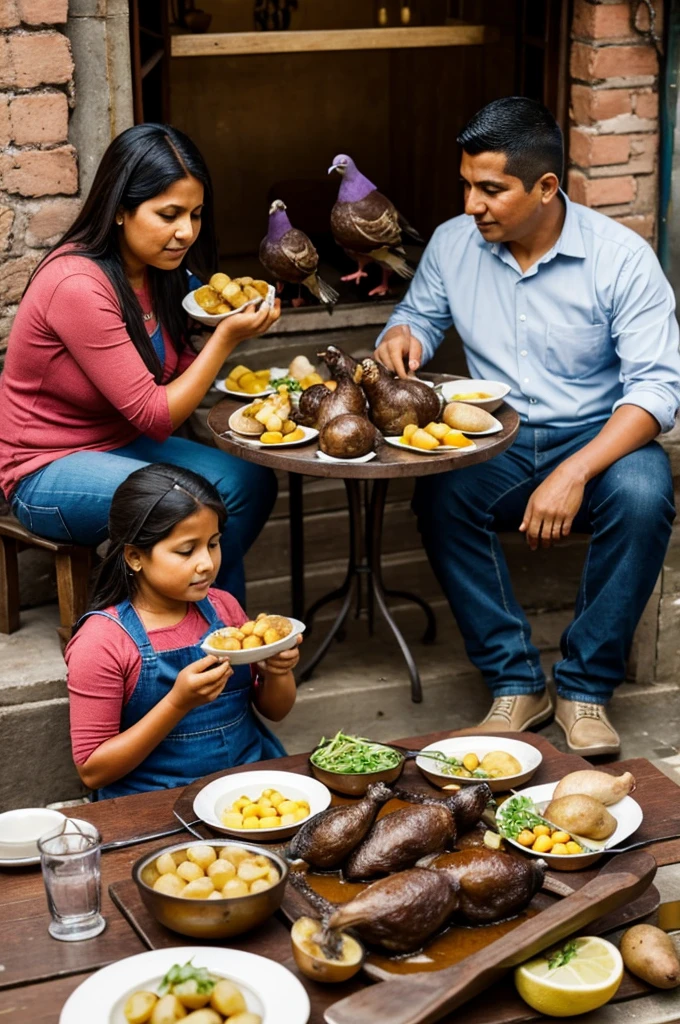 Sad Peruvian family eating roast pigeons with whole potatoes.