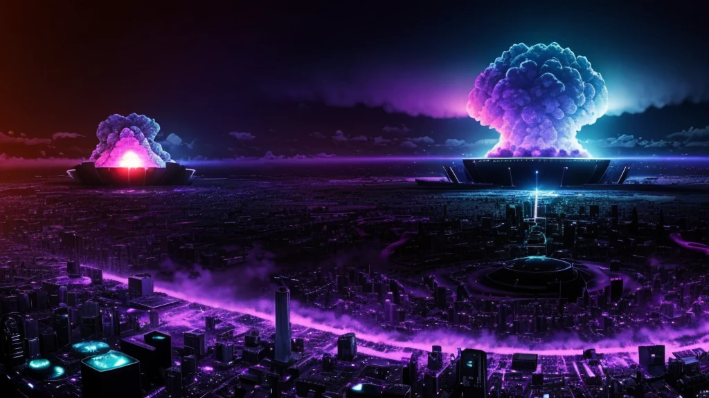 Please help me generate a background image about the nuclear explosion era,The main colors are blue, purple and black,Full of technology,A feeling of time travel
