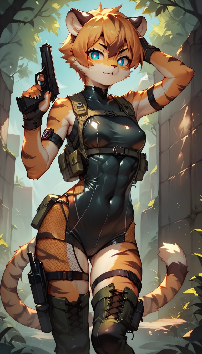 score_9, score_8_up) score_7_up, score_6_up, solo, tiger, kemono, anthro, cute, short hair, blue eyes, white pupils, sexy pose, orange fur, tactical harness, croptop, thigh high boots, assassin girl, mesh body suit, tactical gloves, latex, small breasts, outside, pistol,