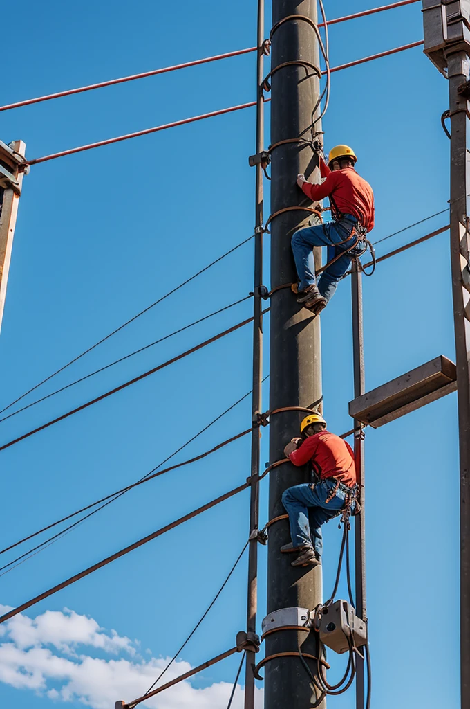 Electrician climbing a power line pole in 3D