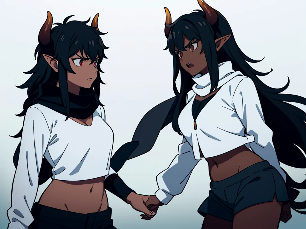 (1girl ,25s,adult,mature female),long hair, black hair,horns,elf ears,((black scarf)),cleavage,(((dark skin))),(black sports bra,black sports shorts, midriff),(white background, simple background),long sleeves,angry,pov