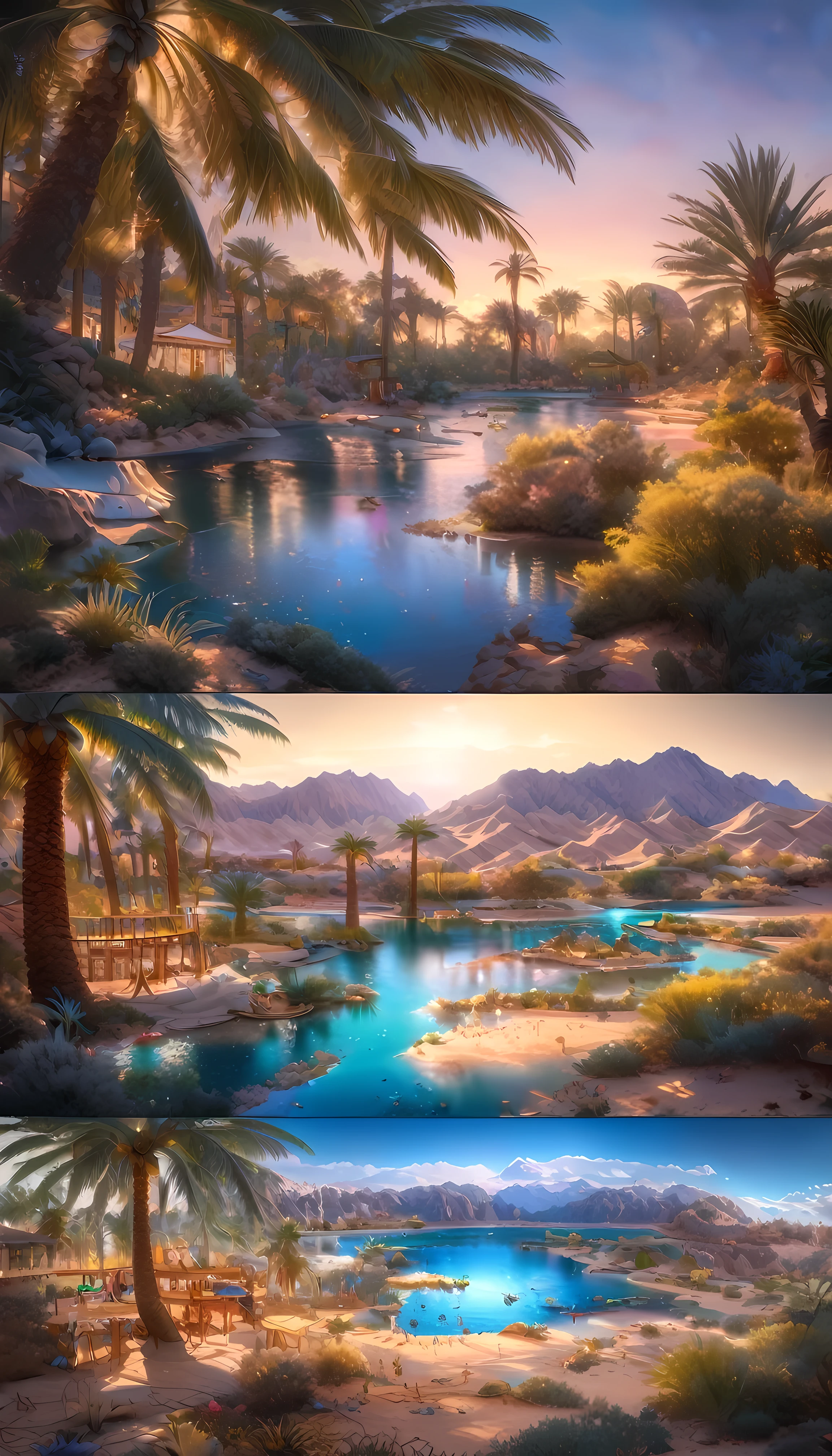 Masterpiece, Best quality, High quality, Extremely detailed Cg Unity 8K wallpaper, Charming and dreamy desert oasis scene, beautiful big blue lake as the focal point, glimmering water surface,with palm trees, The hidden fairytale valley creates a sense of mystery and charm, art  stations, Intricate, Trendy, Award-winning photography, Bokeh, Depth of field, hdr, full bloom, color difference, Photorealistic, Extremely detailed, 
