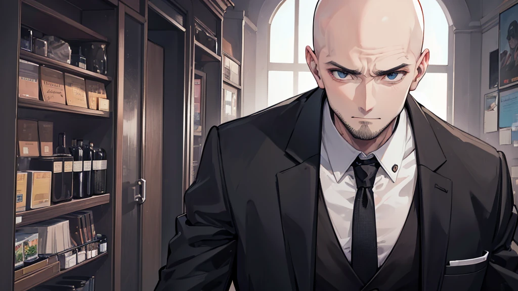 a man in a black suit,eyes browns, baldie,without hair and without beard or mustache looking like a bad psychopath