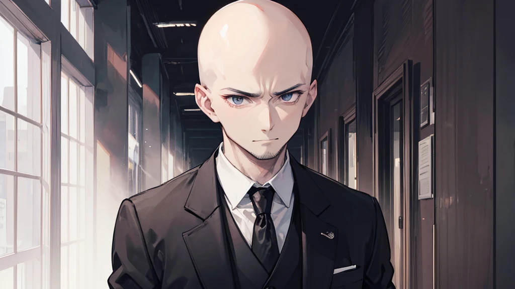 a man in a black suit,eyes browns, baldie,without hair and without beard or mustache looking like a bad psychopath